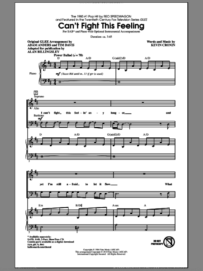 Can't Fight This Feeling (from Glee) (adapt. Alan Billingsley) sheet music for choir (SAB: soprano, alto, bass) by Alan Billingsley, Kevin Cronin, Adam Anders, Glee Cast, Miscellaneous, REO Speedwagon and Tim Davis, intermediate skill level