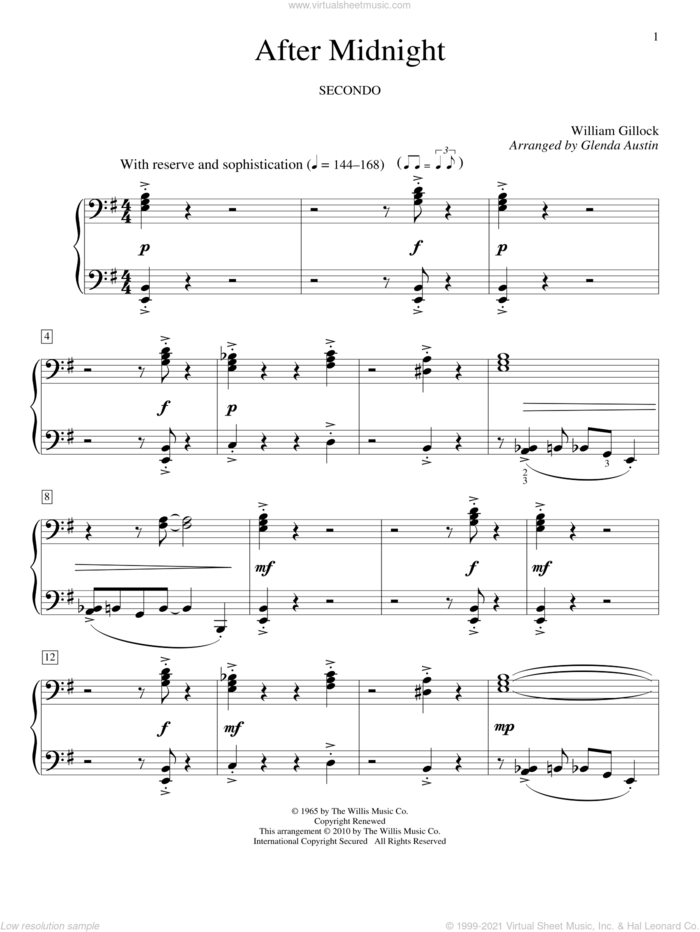 After Midnight sheet music for piano four hands by William Gillock and Glenda Austin, intermediate skill level