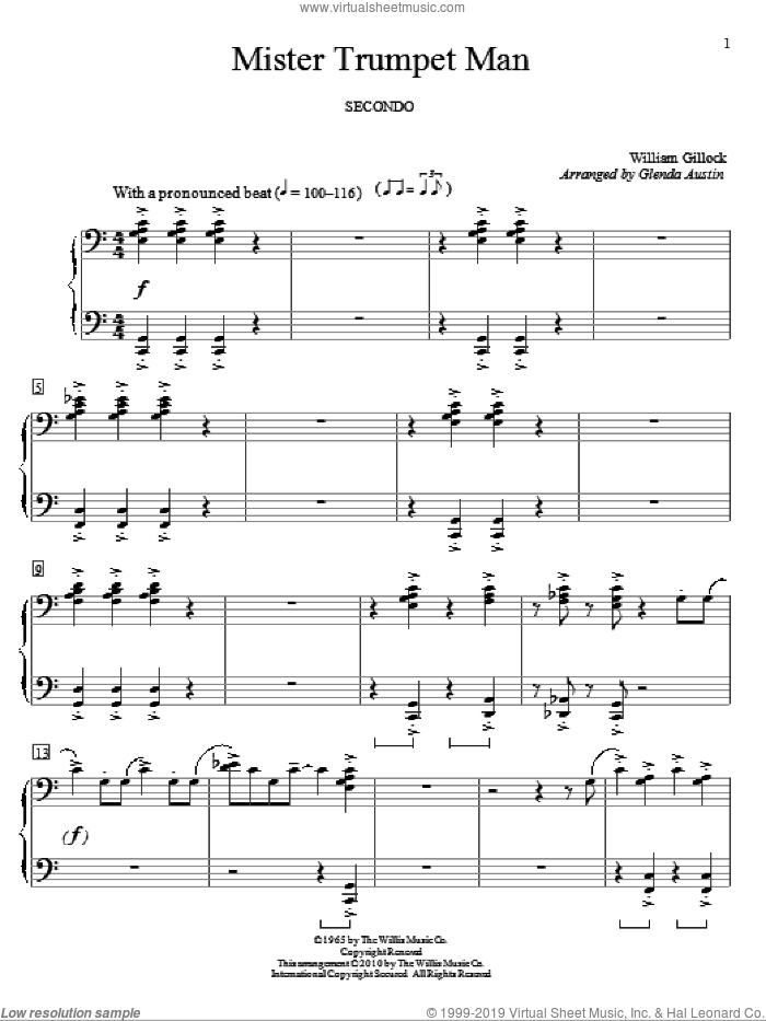Mister Trumpet Man sheet music for piano four hands by William Gillock and Glenda Austin, intermediate skill level