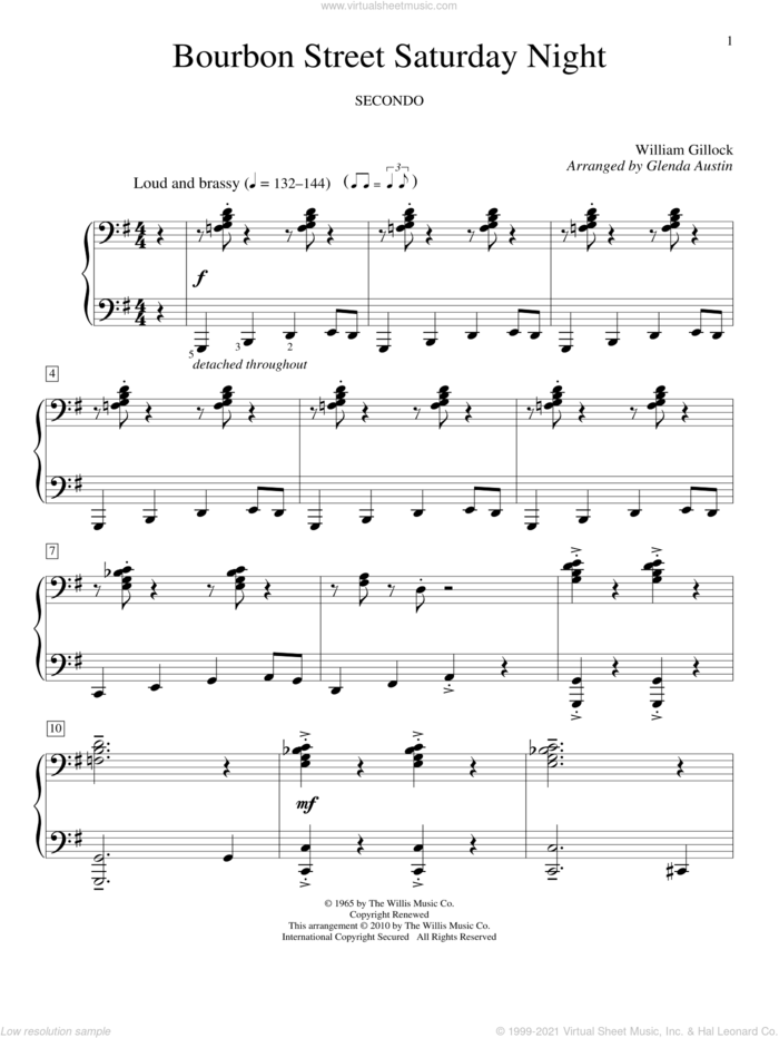 Bourbon Street Saturday Night sheet music for piano four hands by William Gillock and Glenda Austin, intermediate skill level
