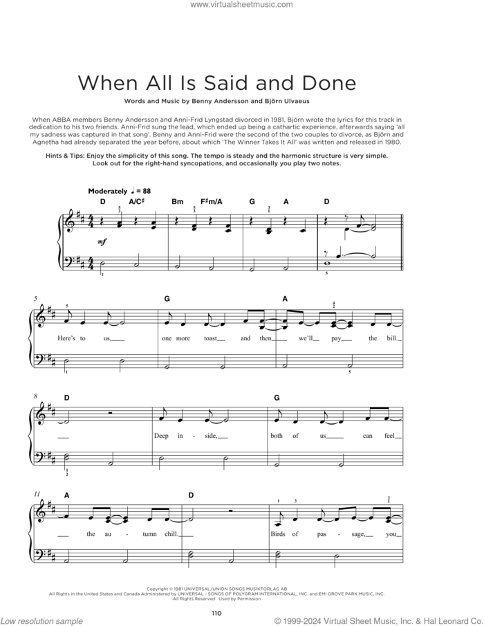 When All Is Said And Done, (beginner) sheet music for piano solo by ABBA, Benny Andersson and Bjorn Ulvaeus, beginner skill level
