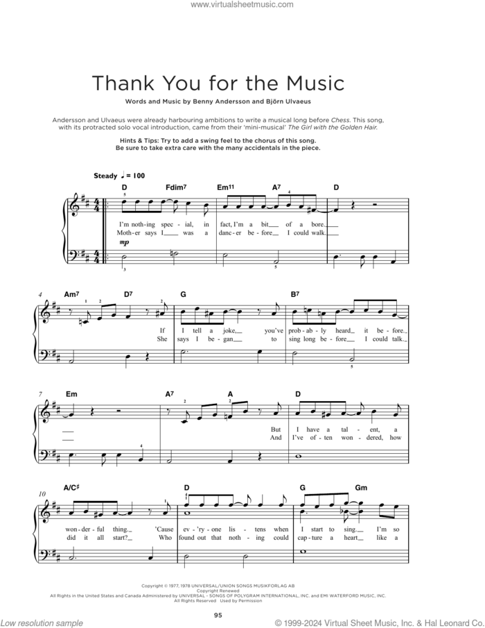 Thank You For The Music sheet music for piano solo by ABBA, Benny Andersson and Bjorn Ulvaeus, beginner skill level