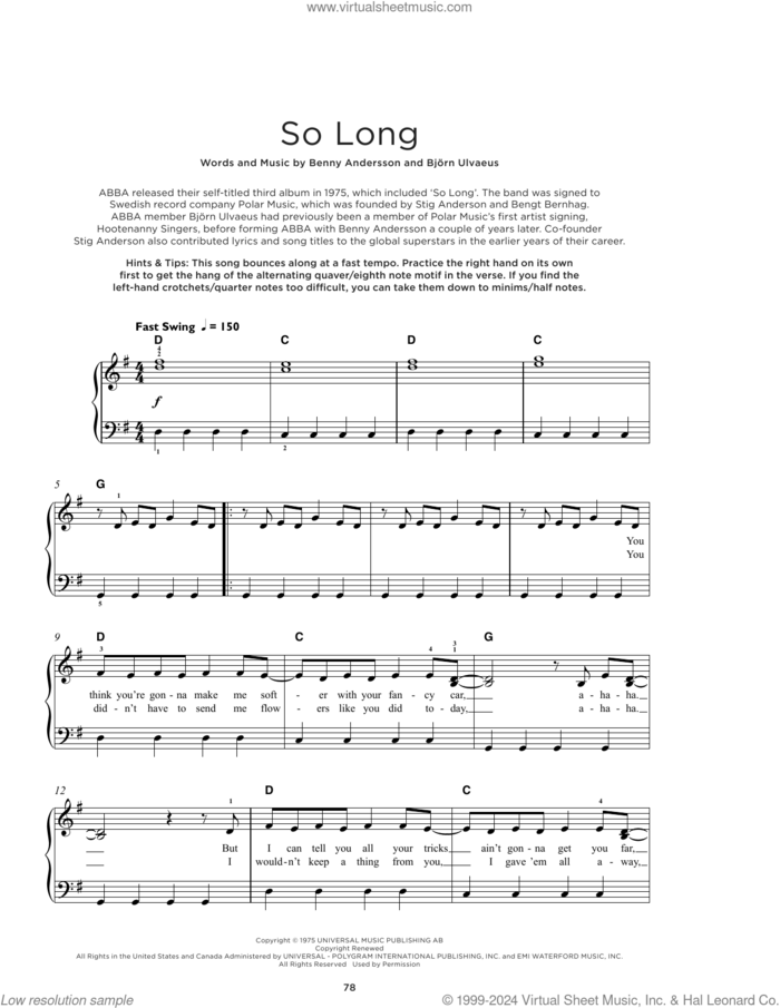 So Long sheet music for piano solo by ABBA, Benny Andersson and Bjorn Ulvaeus, beginner skill level