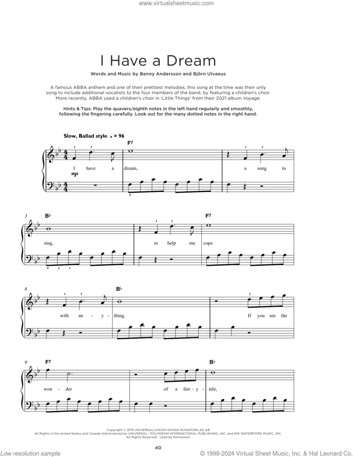 I Have A Dream sheet music for piano solo by ABBA, Benny Andersson and Bjorn Ulvaeus, beginner skill level