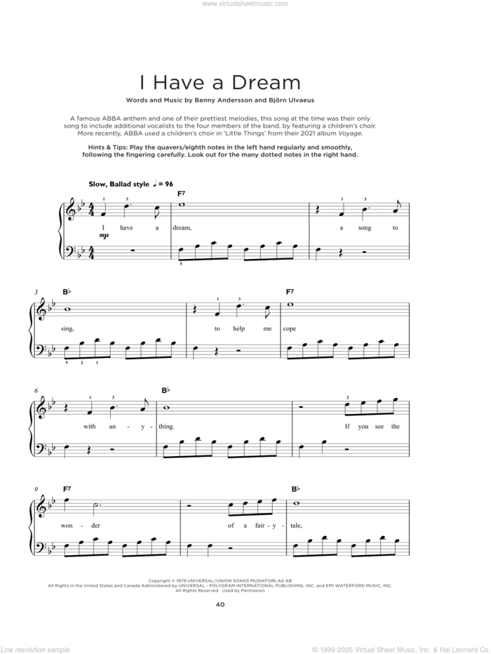 I Have A Dream sheet music for piano solo by ABBA, Benny Andersson and Bjorn Ulvaeus, beginner skill level