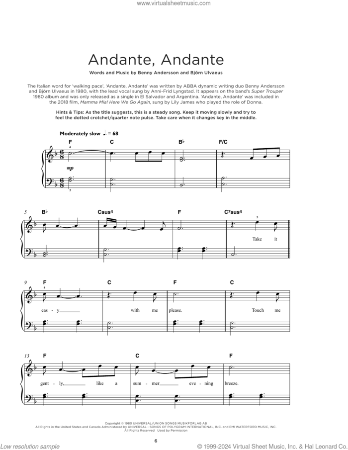 Andante, Andante sheet music for piano solo by ABBA, Benny Andersson and Bjorn Ulvaeus, beginner skill level