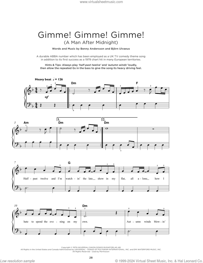Gimme! Gimme! Gimme! (A Man After Midnight), (beginner) (A Man After Midnight) sheet music for piano solo by ABBA, Benny Andersson and Bjorn Ulvaeus, beginner skill level