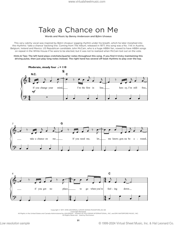 Take A Chance On Me sheet music for piano solo by ABBA, Benny Andersson and Bjorn Ulvaeus, beginner skill level