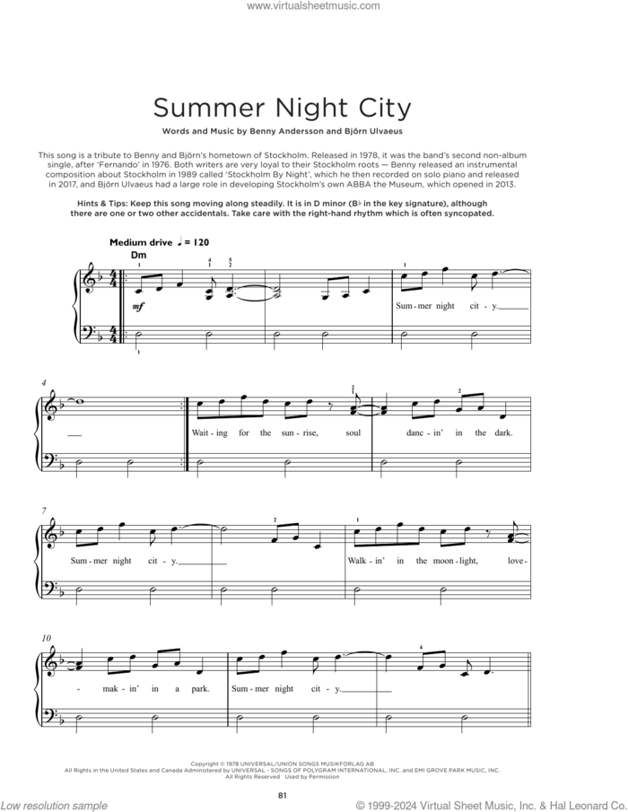 Summer Night City sheet music for piano solo by ABBA, Benny Andersson and Bjorn Ulvaeus, beginner skill level