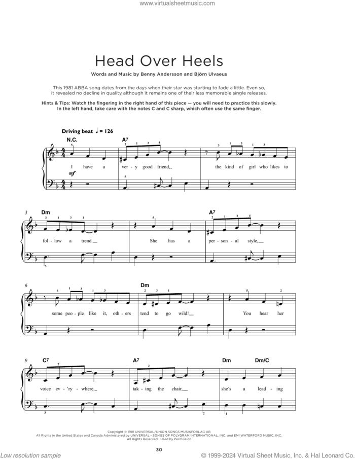 Head Over Heels sheet music for piano solo by ABBA, Benny Andersson and Bjorn Ulvaeus, beginner skill level