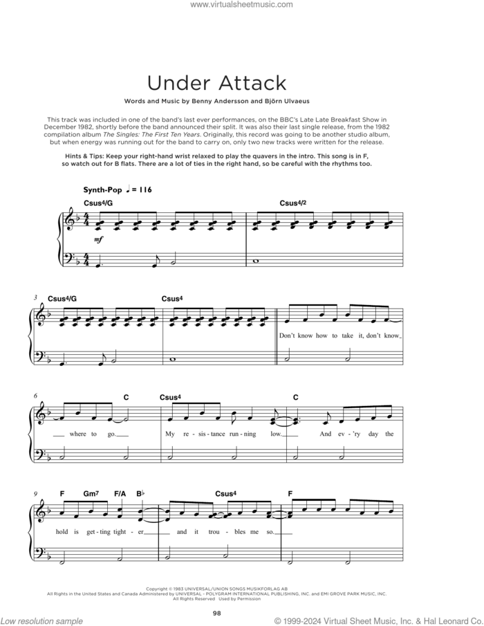 Under Attack sheet music for piano solo by ABBA, Benny Andersson and Bjorn Ulvaeus, beginner skill level