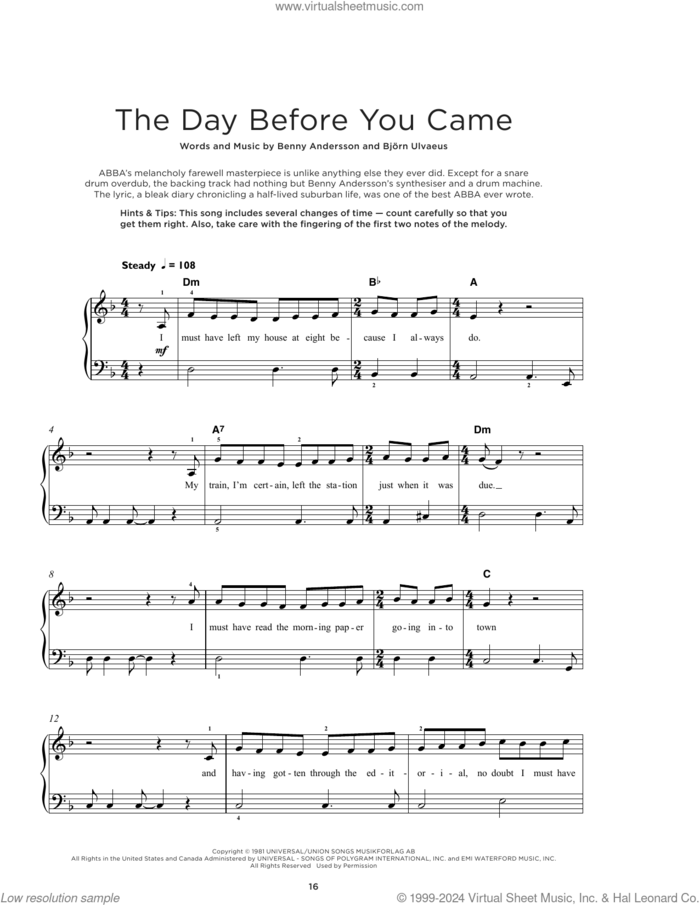 The Day Before You Came sheet music for piano solo by ABBA, Benny Andersson and Bjorn Ulvaeus, beginner skill level