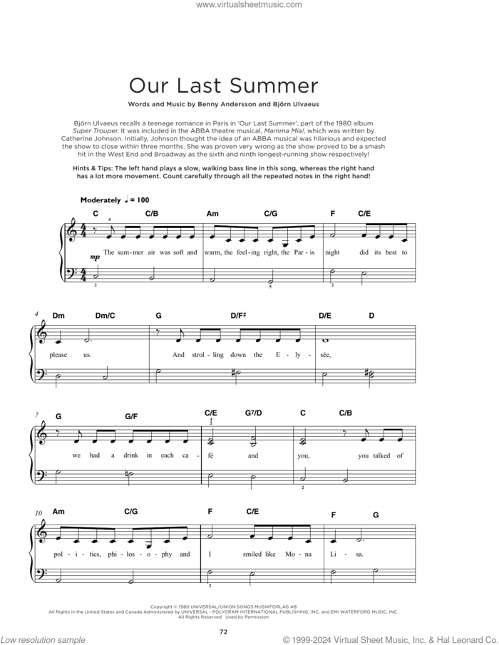 Our Last Summer, (beginner) sheet music for piano solo by ABBA, Benny Andersson and Bjorn Ulvaeus, beginner skill level