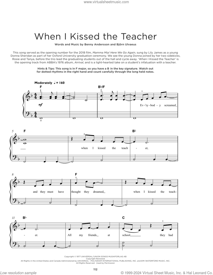 When I Kissed The Teacher sheet music for piano solo by ABBA, Benny Andersson and Bjorn Ulvaeus, beginner skill level