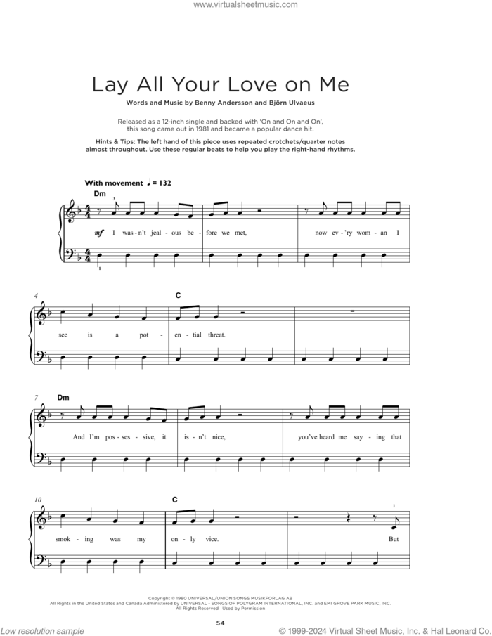 Lay All Your Love On Me sheet music for piano solo by ABBA, Benny Andersson and Bjorn Ulvaeus, beginner skill level