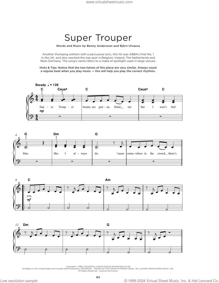 Super Trouper, (beginner) sheet music for piano solo by ABBA, Benny Andersson and Bjorn Ulvaeus, beginner skill level