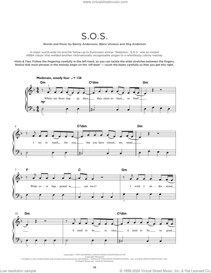 SOS, (beginner) sheet music for piano solo by ABBA, Benny Andersson, Bjorn Ulvaeus and Stig Anderson, beginner skill level