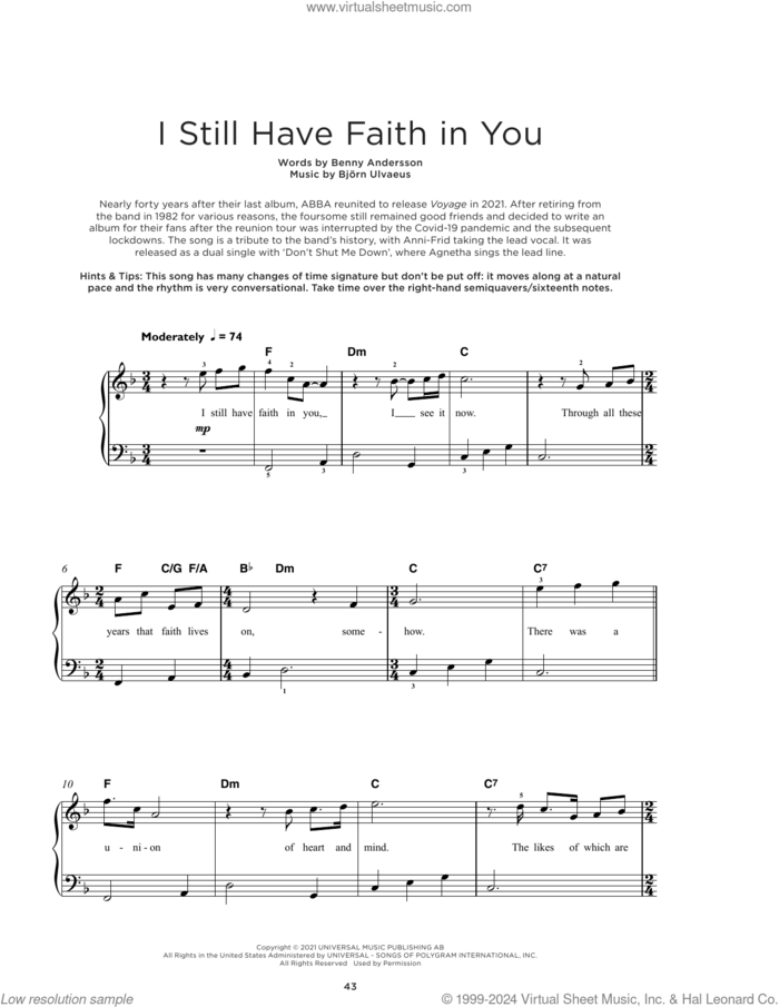 I Still Have Faith In You sheet music for piano solo by ABBA, Benny Andersson and Bjorn Ulvaeus, beginner skill level