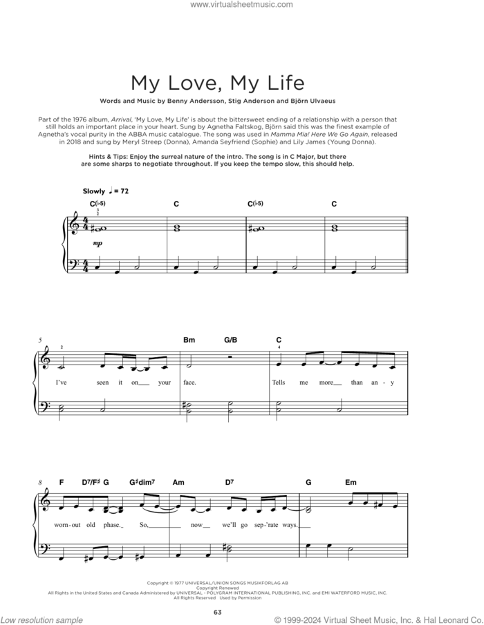 My Love My Life sheet music for piano solo by ABBA, Benny Andersson, Bjorn Ulvaeus and Stig Anderson, beginner skill level