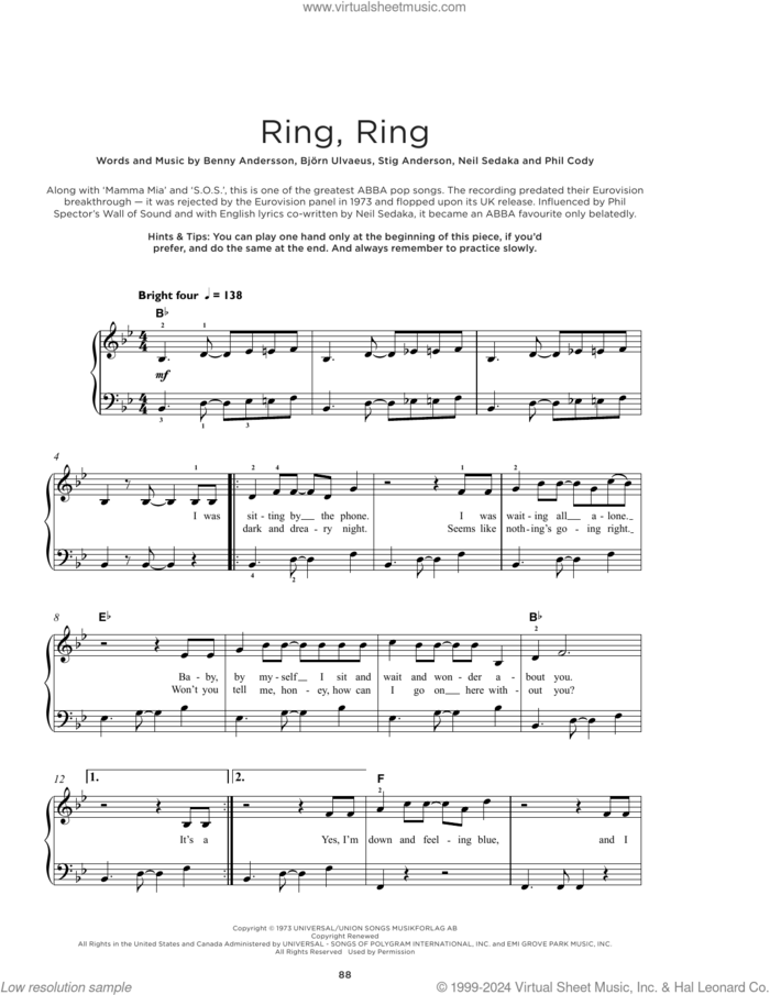 Ring, Ring sheet music for piano solo by ABBA, Benny Andersson, Bjorn Ulvaeus, Neil Sedaka, Phil Cody and Stig Anderson, beginner skill level