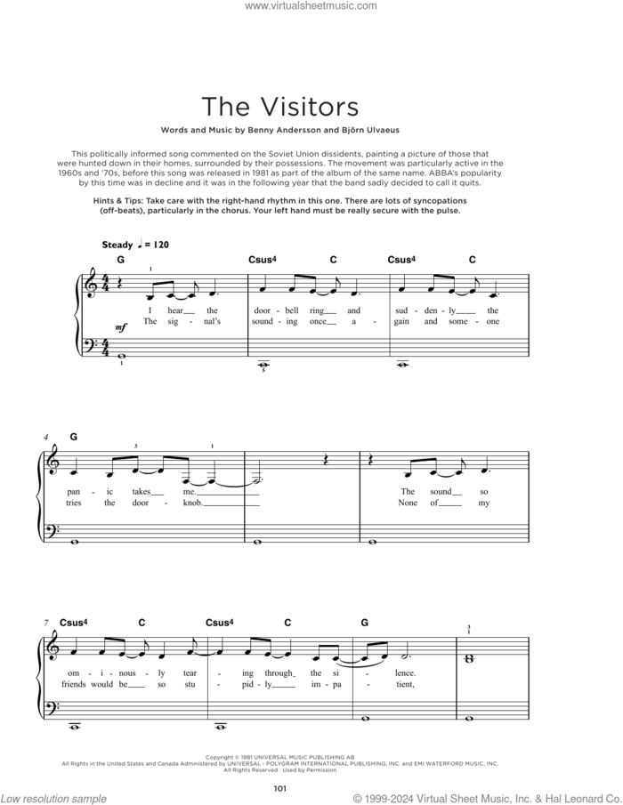 The Visitors sheet music for piano solo by ABBA, Benny Andersson and Bjorn Ulvaeus, beginner skill level