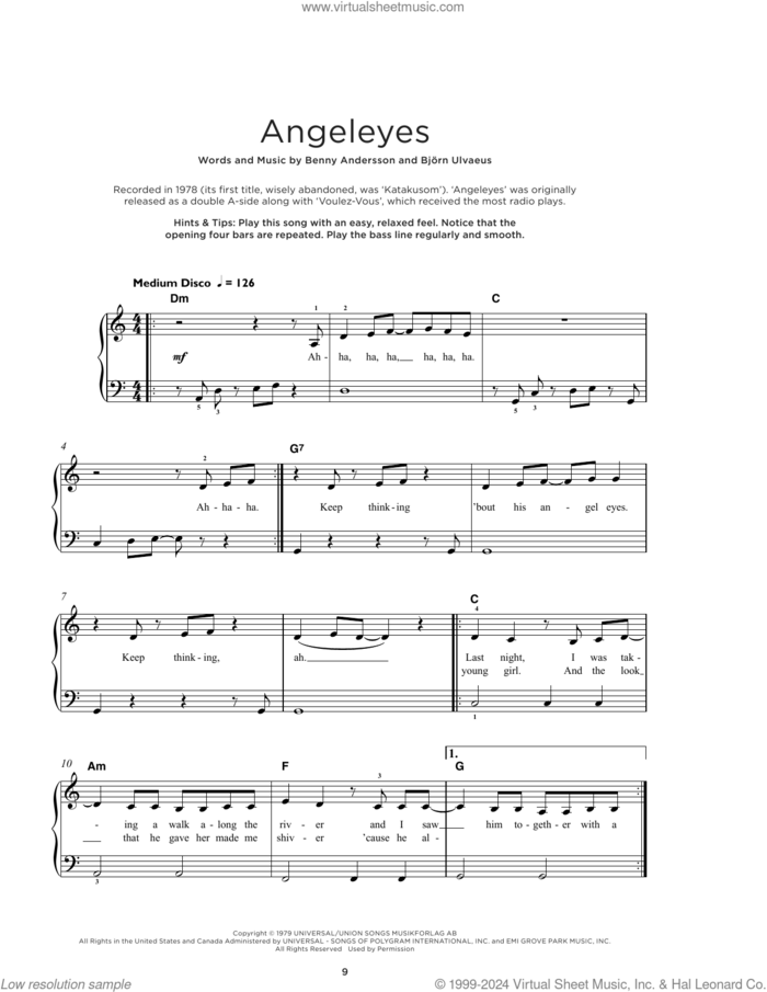 Angeleyes sheet music for piano solo by ABBA, Benny Andersson and Bjorn Ulvaeus, beginner skill level
