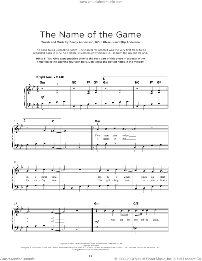 The Name Of The Game, (beginner) sheet music for piano solo by ABBA, Benny Andersson, Bjorn Ulvaeus and Stig Anderson, beginner skill level