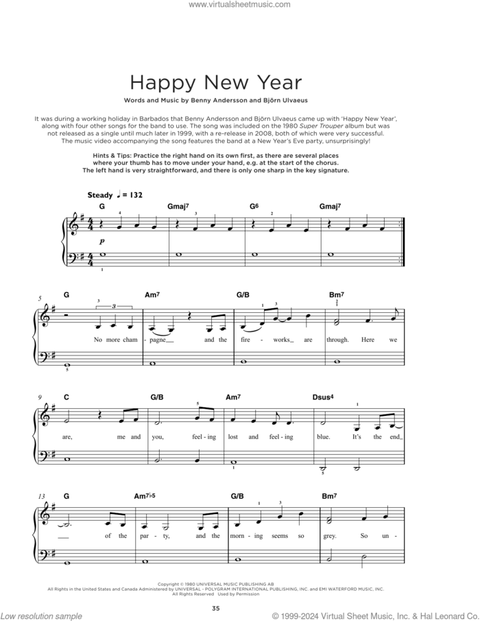 Happy New Year sheet music for piano solo by ABBA, Benny Andersson and Bjorn Ulvaeus, beginner skill level
