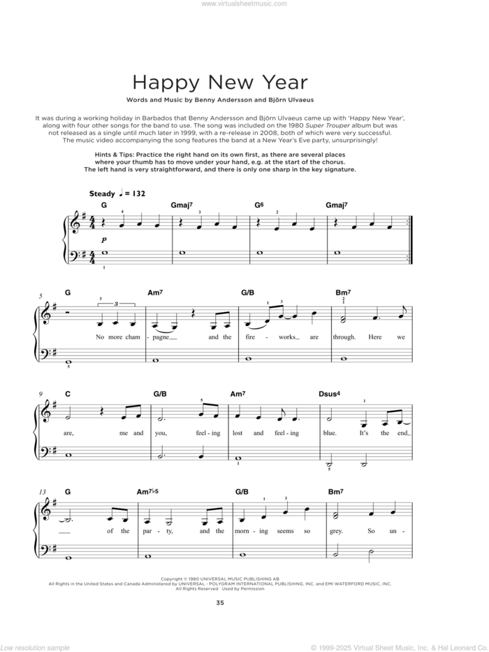 Happy New Year sheet music for piano solo by ABBA, Benny Andersson and Bjorn Ulvaeus, beginner skill level