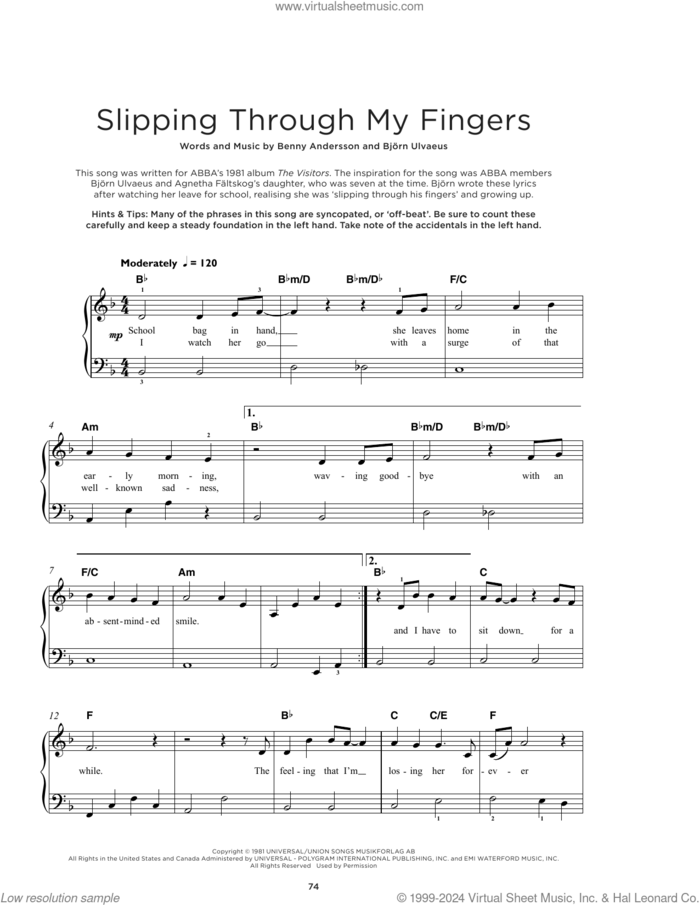 Slipping Through My Fingers, (beginner) sheet music for piano solo by ABBA, Benny Andersson and Bjorn Ulvaeus, beginner skill level