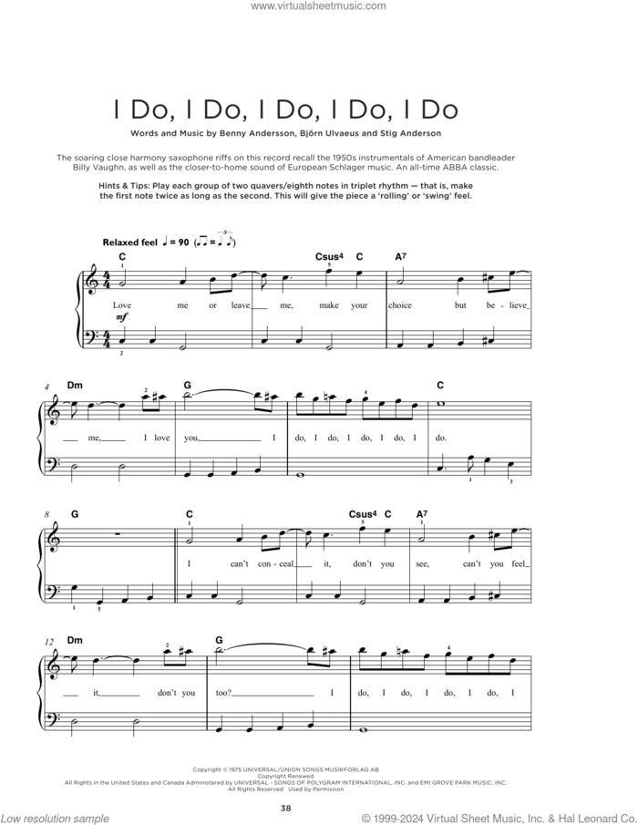 I Do, I Do, I Do, I Do, I Do sheet music for piano solo by ABBA, Benny Andersson, Bjorn Ulvaeus and Stig Anderson, beginner skill level