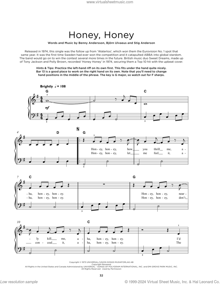 Honey, Honey, (beginner) sheet music for piano solo by ABBA, Benny Andersson, Bjorn Ulvaeus and Stig Anderson, beginner skill level