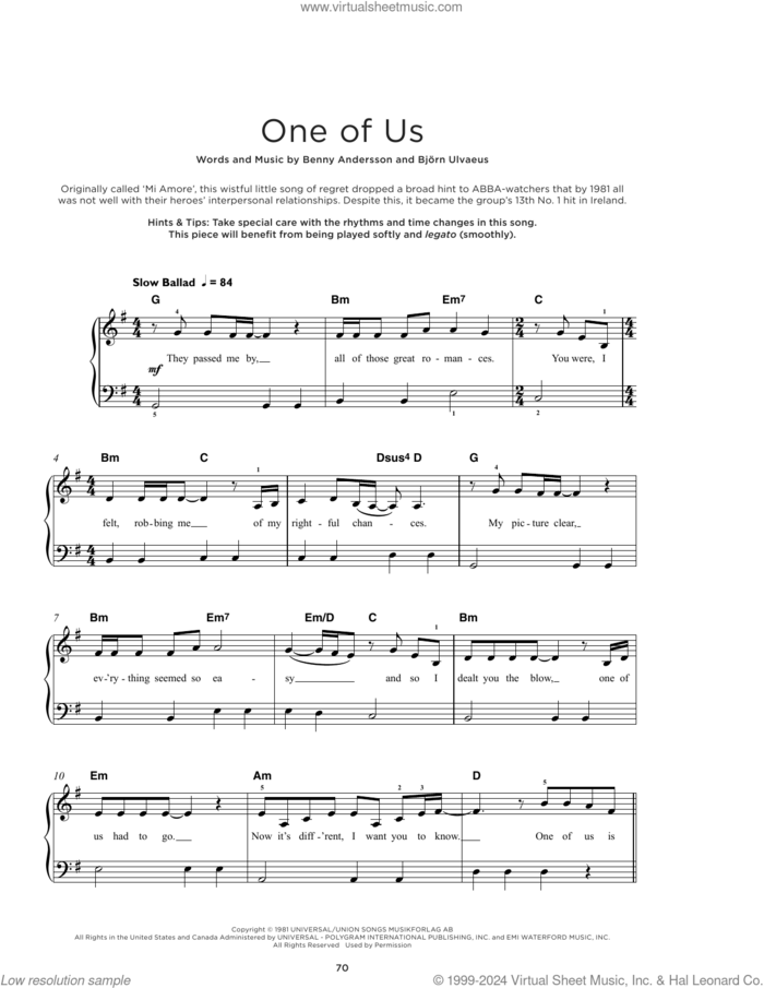 One Of Us sheet music for piano solo by ABBA, Benny Andersson and Bjorn Ulvaeus, beginner skill level