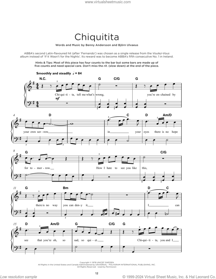 Chiquitita sheet music for piano solo by ABBA, Benny Andersson and Bjorn Ulvaeus, beginner skill level