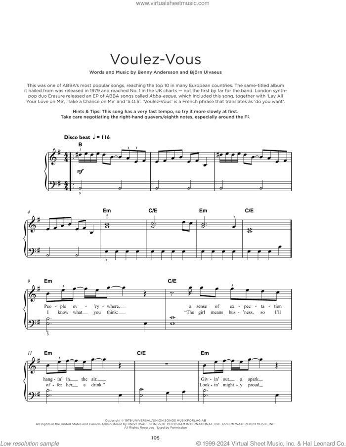 Voulez-Vous sheet music for piano solo by ABBA, Benny Andersson and Bjorn Ulvaeus, beginner skill level