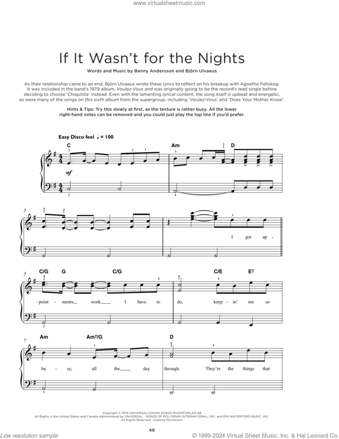 If It Wasn't For The Nights sheet music for piano solo by ABBA, Benny Andersson and Bjorn Ulvaeus, beginner skill level