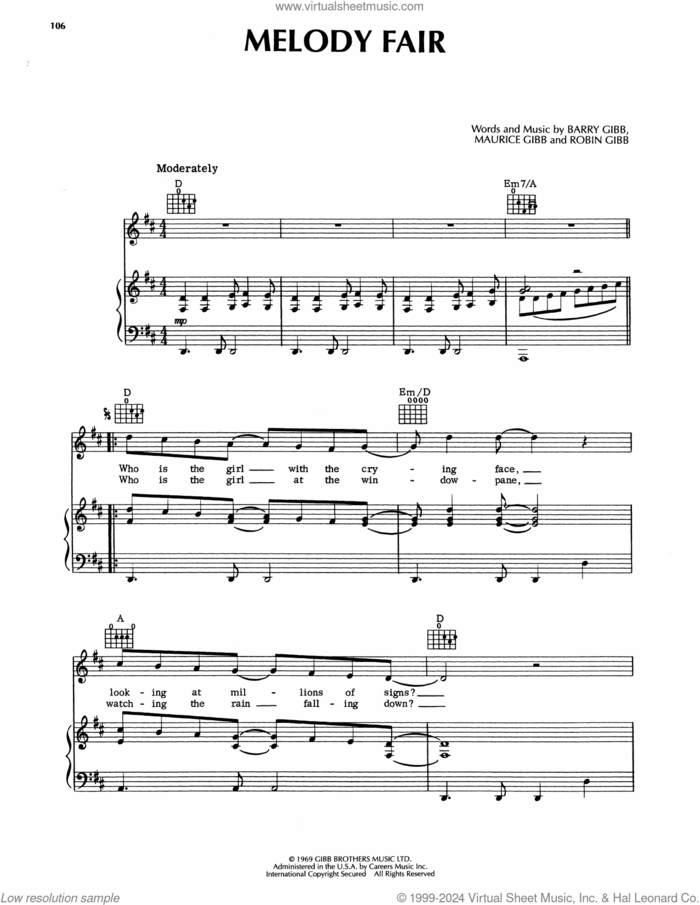 Melody Fair sheet music for voice, piano or guitar by Bee Gees, Barry Gibb, Maurice Gibb and Robin Gibb, intermediate skill level