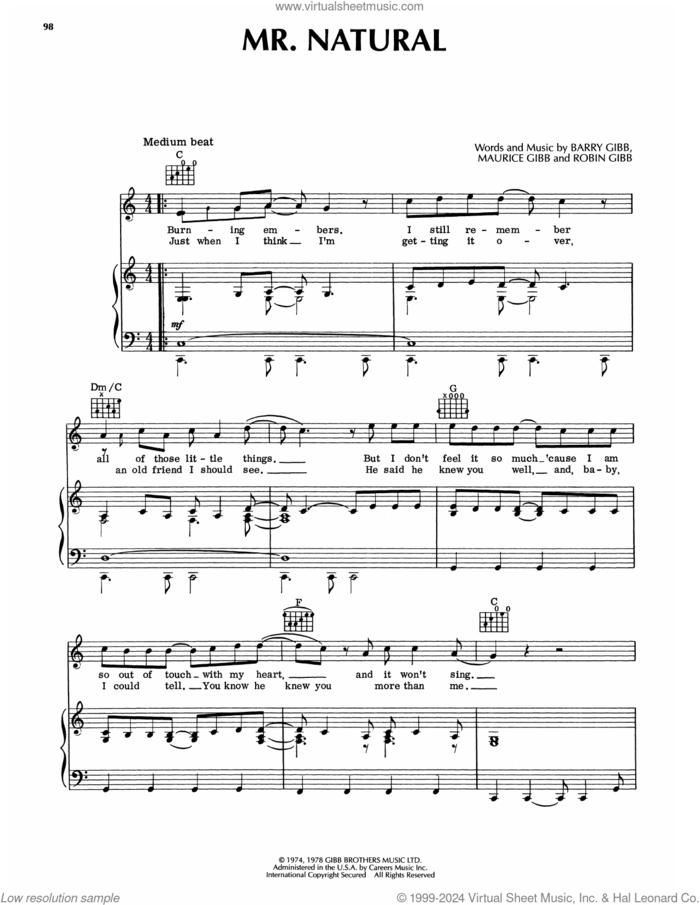Mr. Natural sheet music for voice, piano or guitar by Bee Gees, Barry Gibb and Robin Gibb, intermediate skill level