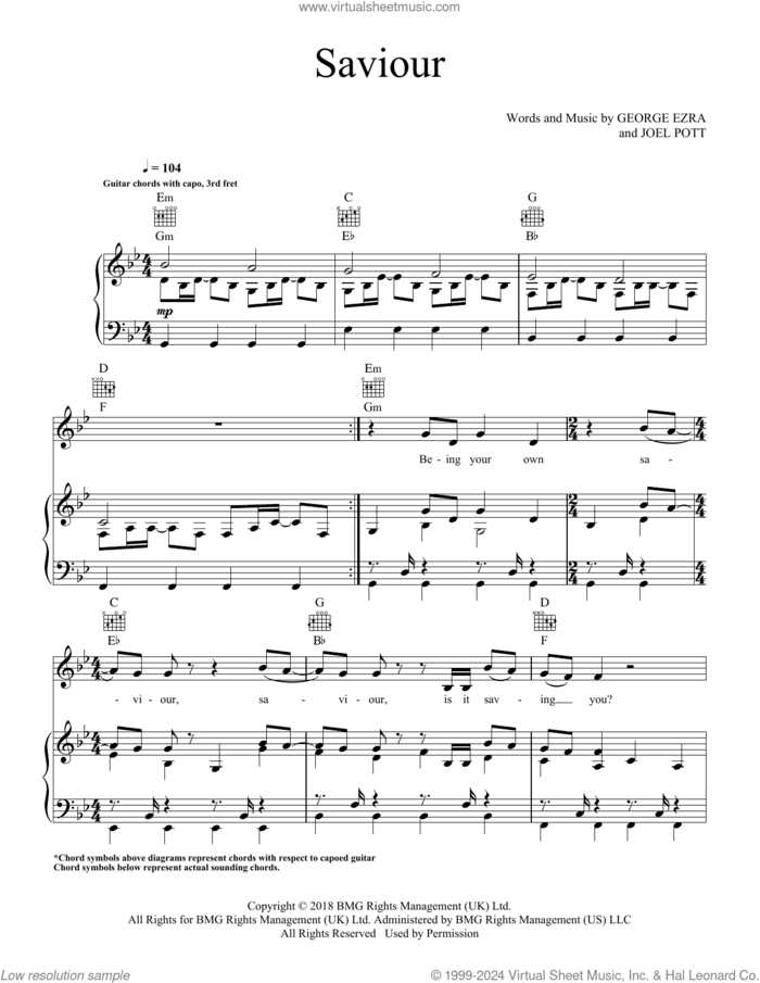 Saviour (feat. First Aid Kit) sheet music for voice, piano or guitar by George Ezra and Joel Pott, intermediate skill level