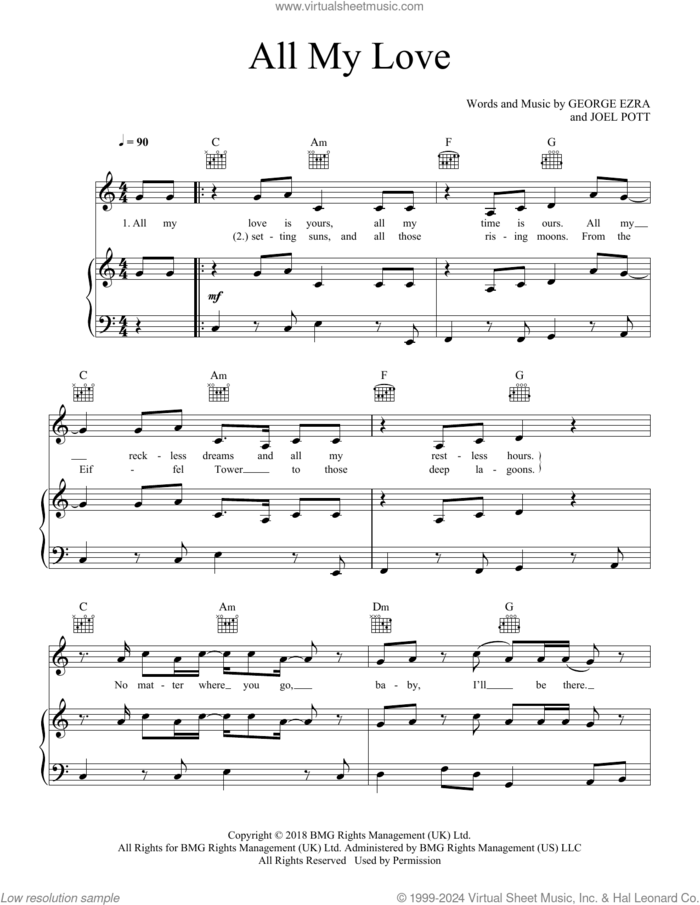 All My Love sheet music for voice, piano or guitar by George Ezra and Joel Pott, intermediate skill level