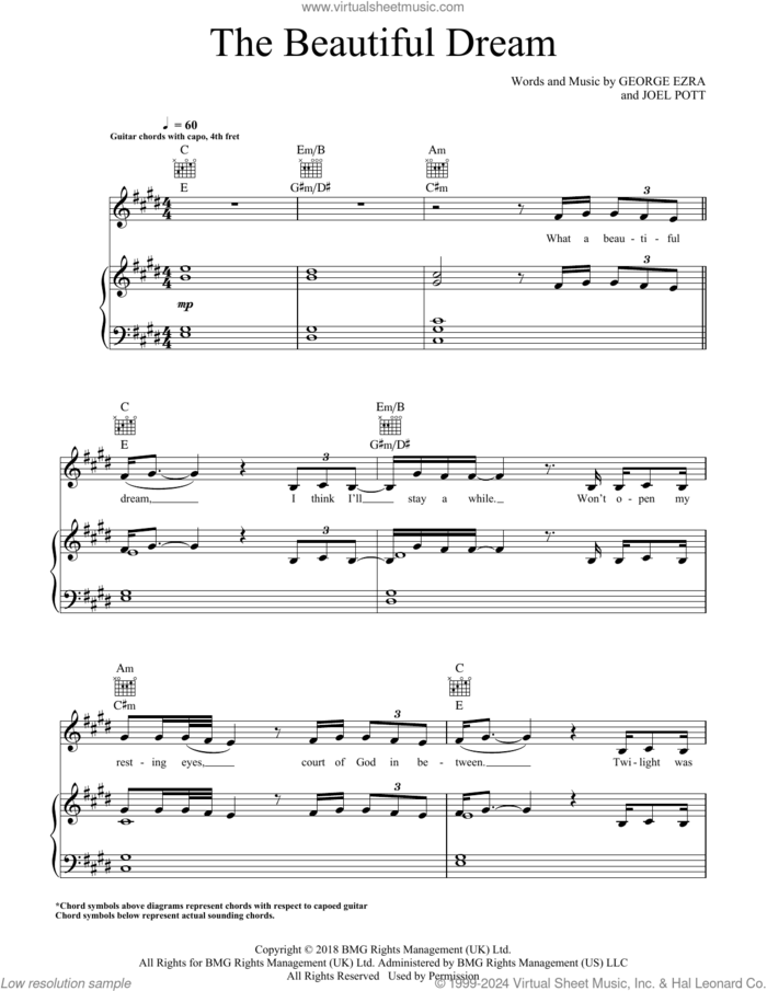 The Beautiful Dream sheet music for voice, piano or guitar by George Ezra and Joel Pott, intermediate skill level