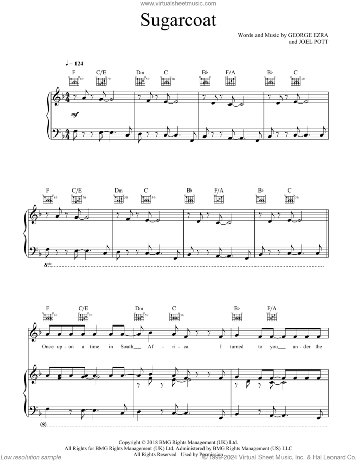 Sugarcoat sheet music for voice, piano or guitar by George Ezra and Joel Pott, intermediate skill level