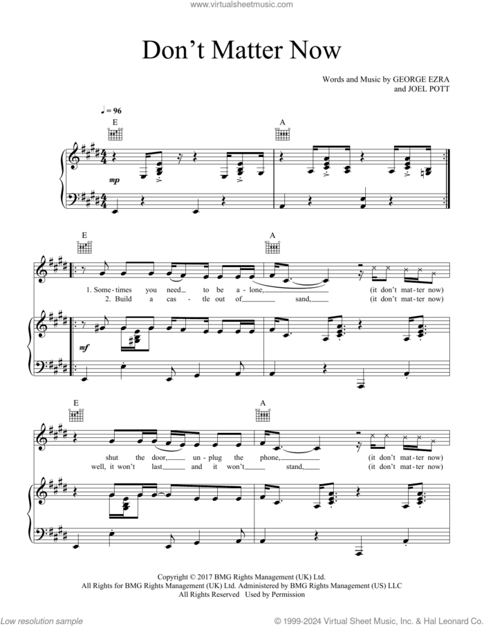 Don't Matter Now sheet music for voice, piano or guitar by George Ezra and Joel Pott, intermediate skill level