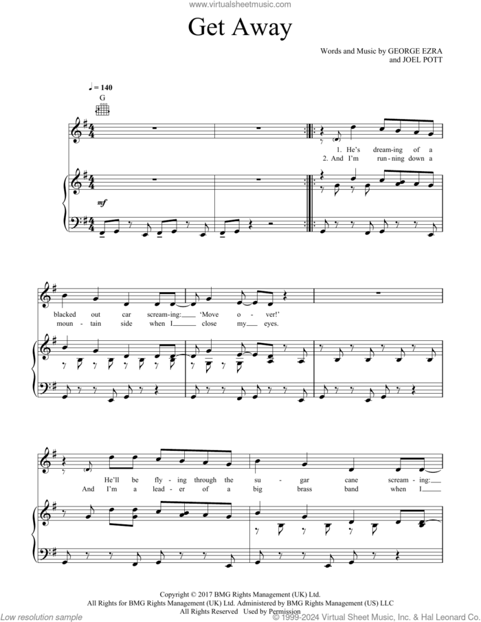 Get Away sheet music for voice, piano or guitar by George Ezra and Joel Pott, intermediate skill level