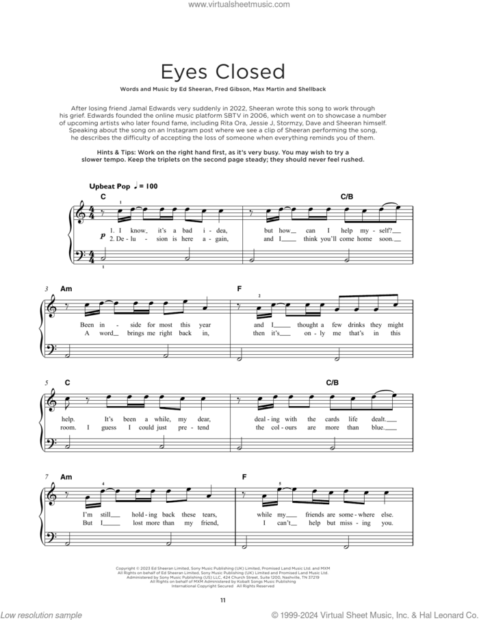 Eyes Closed sheet music for piano solo by Ed Sheeran, Fred Gibson, Max Martin and Shellback, beginner skill level