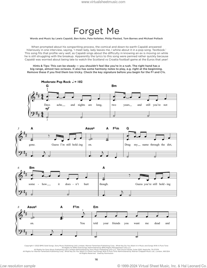 Forget Me, (beginner) sheet music for piano solo by Lewis Capaldi, Ben Kohn, Michael Pollack, Pete Kelleher, Philip Plested and Tom Barnes, beginner skill level
