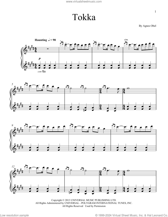 Tokka sheet music for piano solo by Agnes Obel, classical score, intermediate skill level
