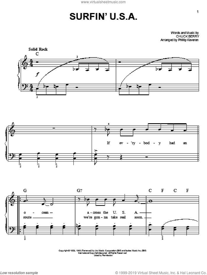 Surfin' U.S.A. (arr. Phillip Keveren) sheet music for piano solo by The Beach Boys, Phillip Keveren, Brian Wilson and Chuck Berry, easy skill level