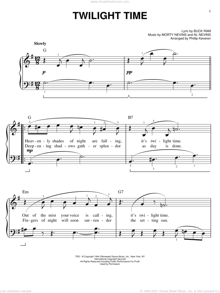 Twilight Time (arr. Phillip Keveren) sheet music for piano solo by The Platters, Phillip Keveren, Al Nevins, Buck Ram and Morty Nevins, easy skill level