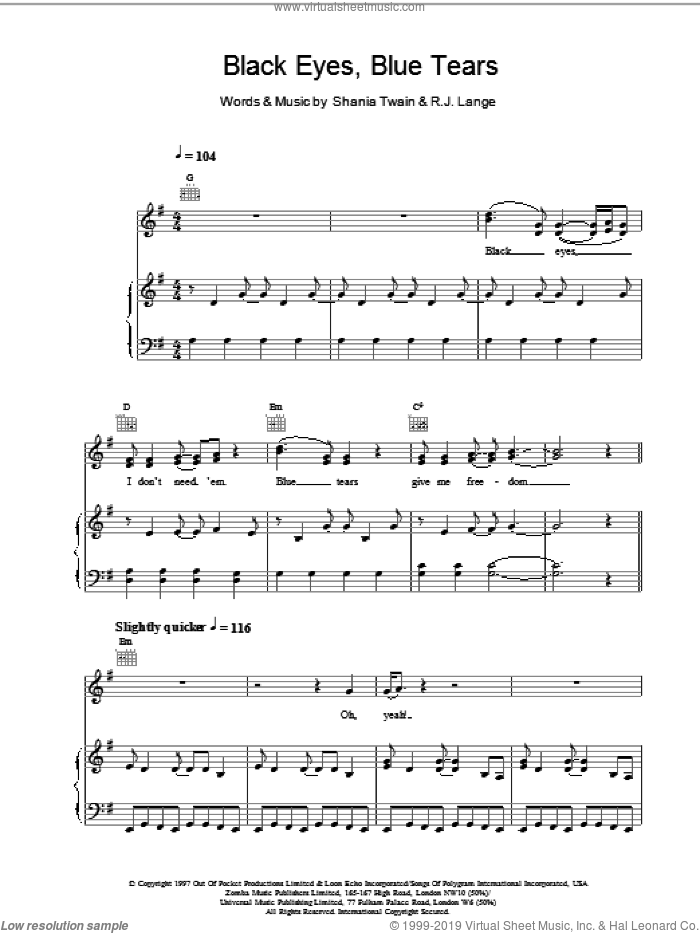 Black Eyes, Blue Tears sheet music for voice, piano or guitar by Shania Twain and Robert John Lange, intermediate skill level